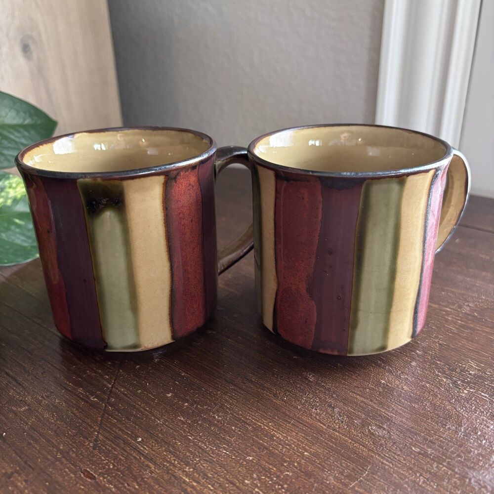 Pair Of Vintage Multi Color Striped Ceramic Cups Mugs mid century